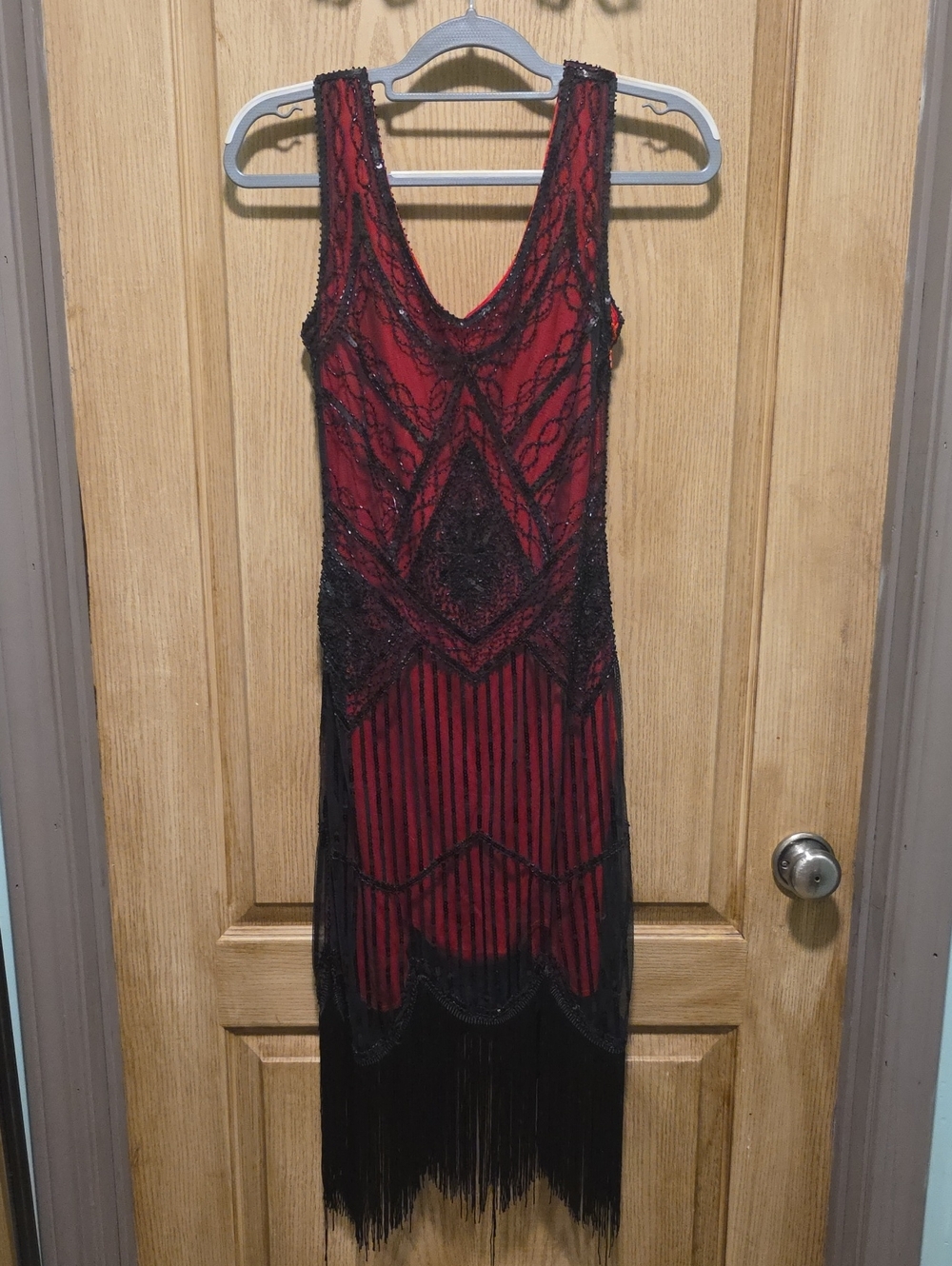 Sleeveless Red Midi Dress with Black Beaded Overlay and Fringe